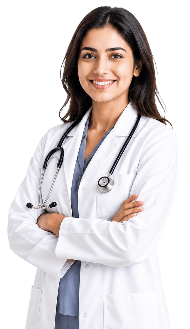 Smiling female doctor wearing a white coat and stethoscope